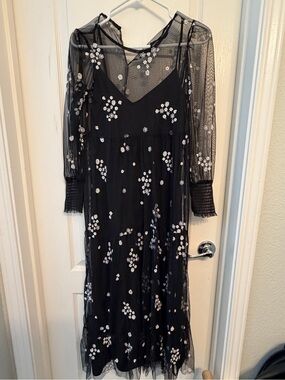 Zara Black Midi Mesh Dress with White Floral Embroidery